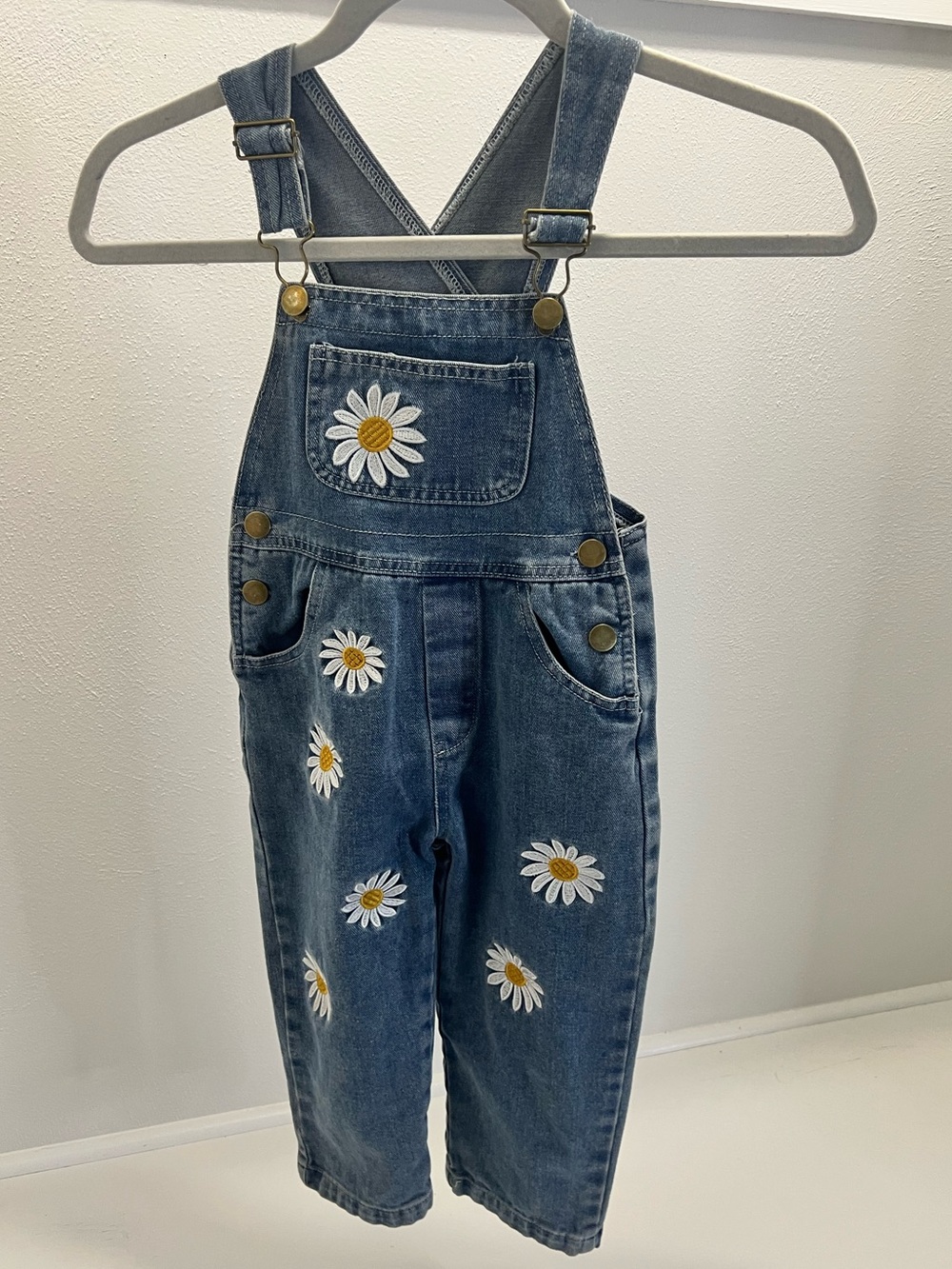 Denim Daisy Overalls - White & Yellow Floral Embroidery